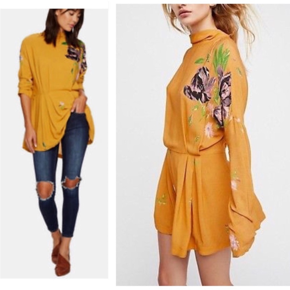Free People Gemma Tunic Dress or Top Mustard Floral